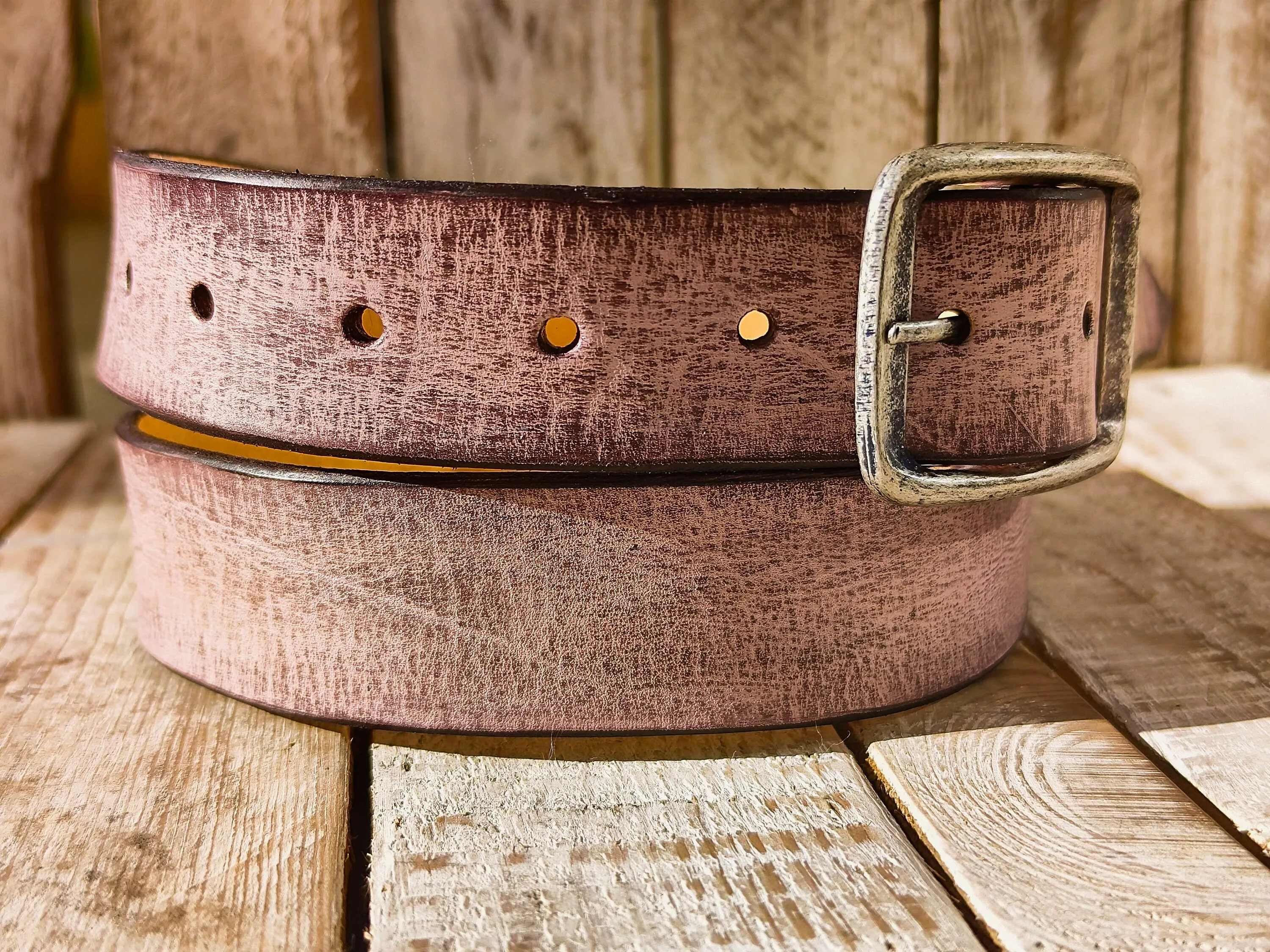 Handmade Pink Leather Belt with Brown Wash - Unique Textured Design for Jeans