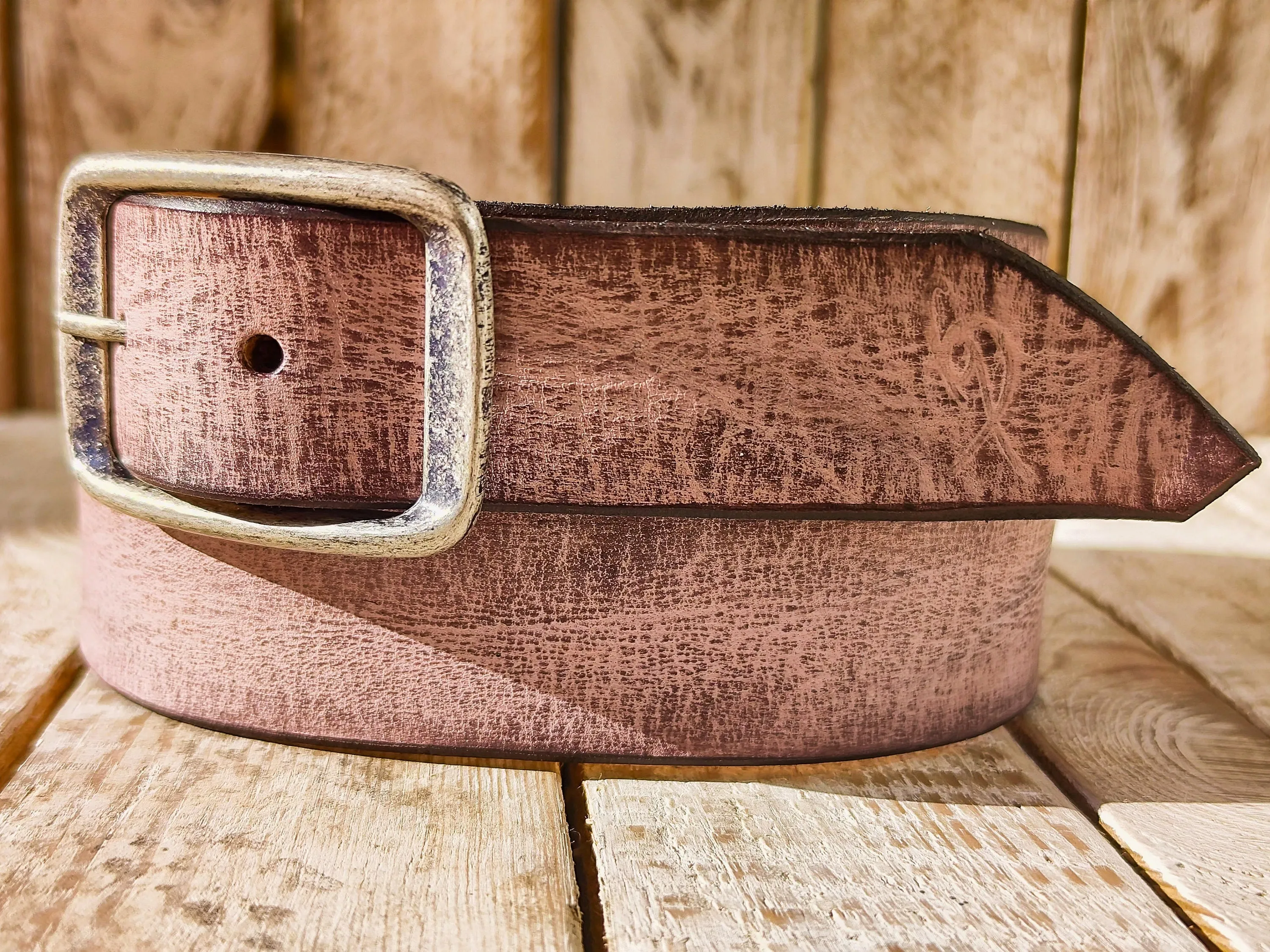 Handmade Pink Leather Belt with Brown Wash - Unique Textured Design for Jeans