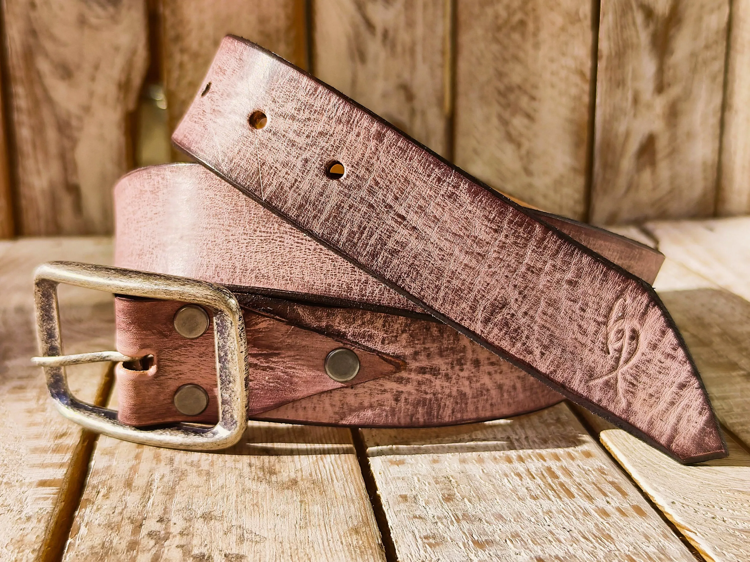 Handmade Pink Leather Belt with Brown Wash - Unique Textured Design for Jeans