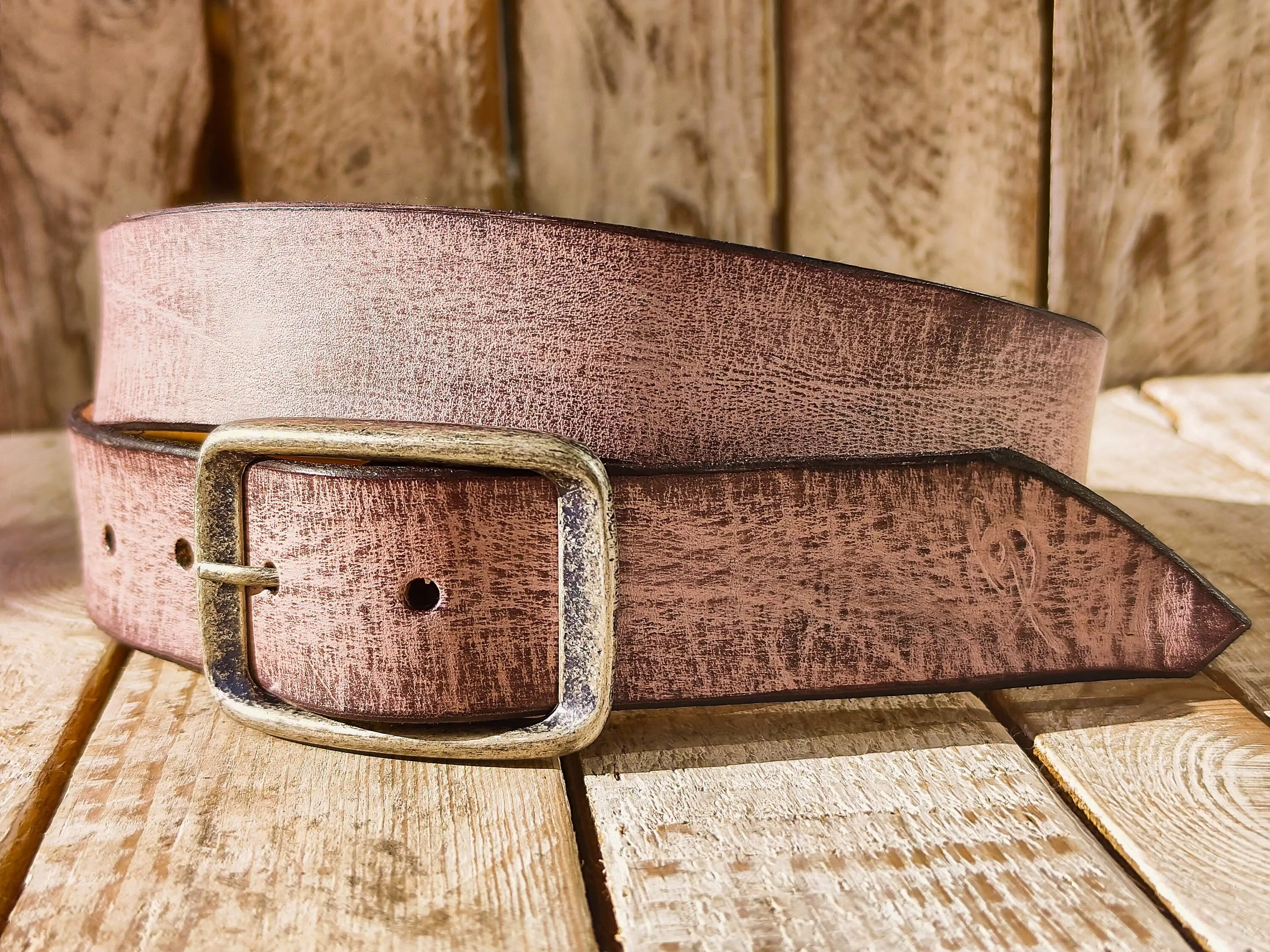 Handmade Pink Leather Belt with Brown Wash - Unique Textured Design for Jeans