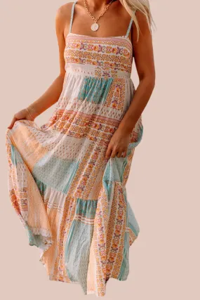 Hawaiian Multicolor Boho Patchwork Print Square Neck Sundress for Women