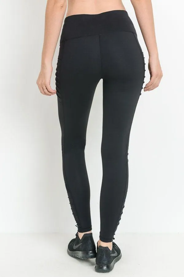 Highwaist Moto Ribbed Full Leggings with Mesh Leggings and Pockets