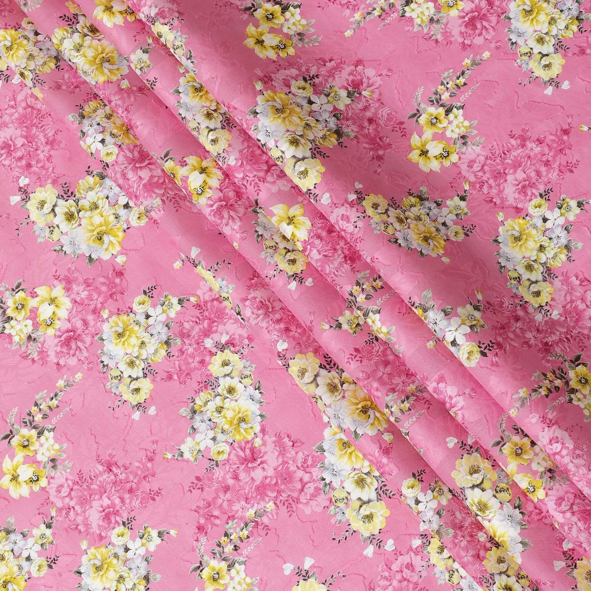 Hot Pink uragiri cotton voile fabric with same tone jacquard having multicolor print in floral design-D10062