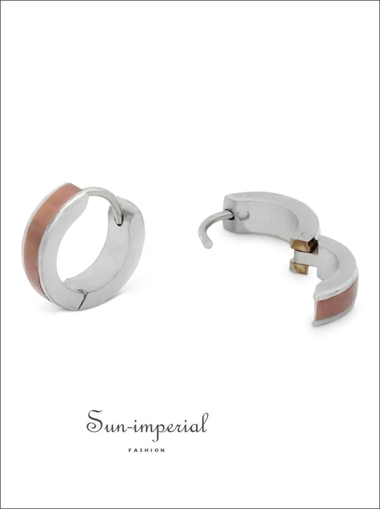 Huggie Hoop Earrings Stainless Steel With Deep Rose Gold Stripes