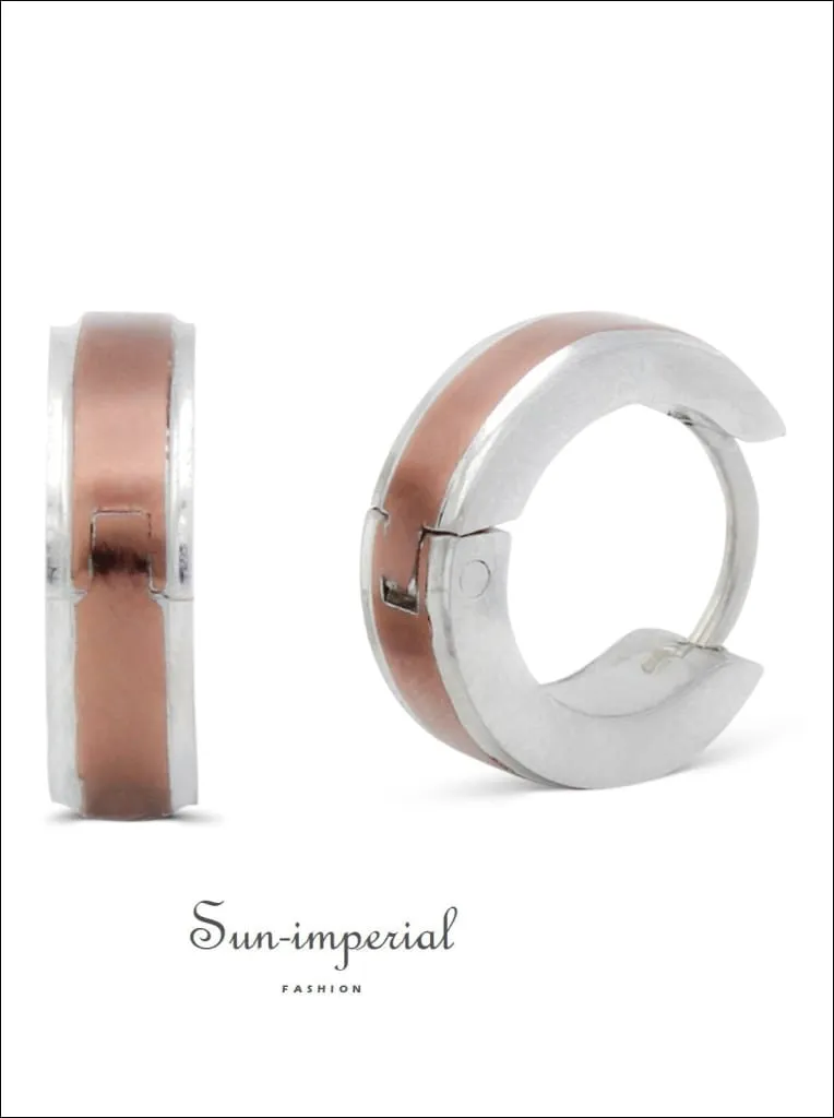 Huggie Hoop Earrings Stainless Steel With Deep Rose Gold Stripes