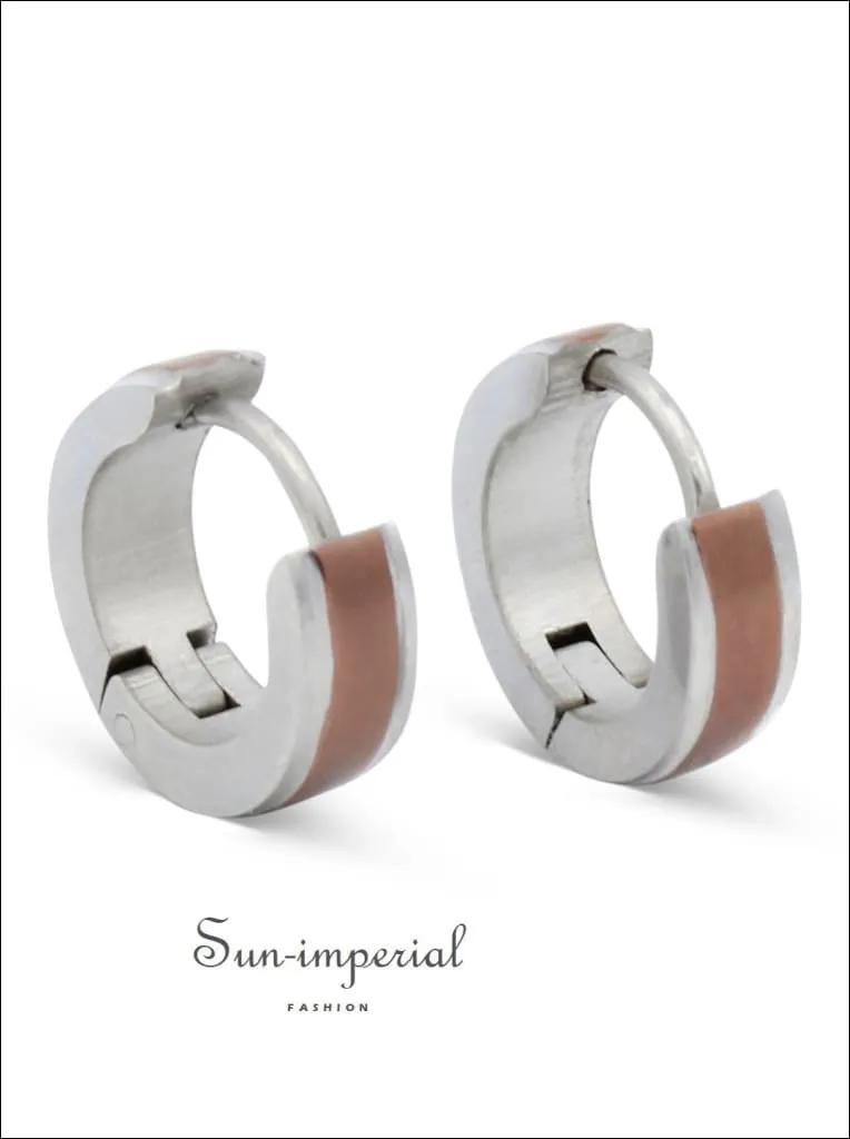 Huggie Hoop Earrings Stainless Steel With Deep Rose Gold Stripes