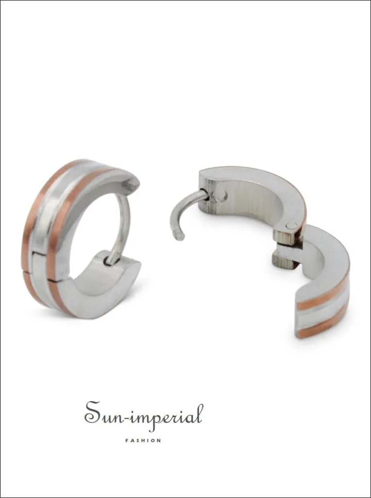 Huggie Hoop Earrings Stainless Steel With Rose Gold Stripes