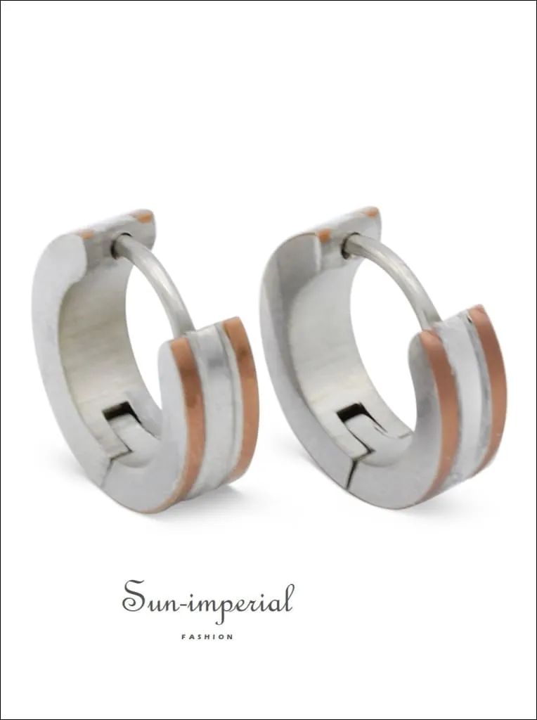 Huggie Hoop Earrings Stainless Steel With Rose Gold Stripes