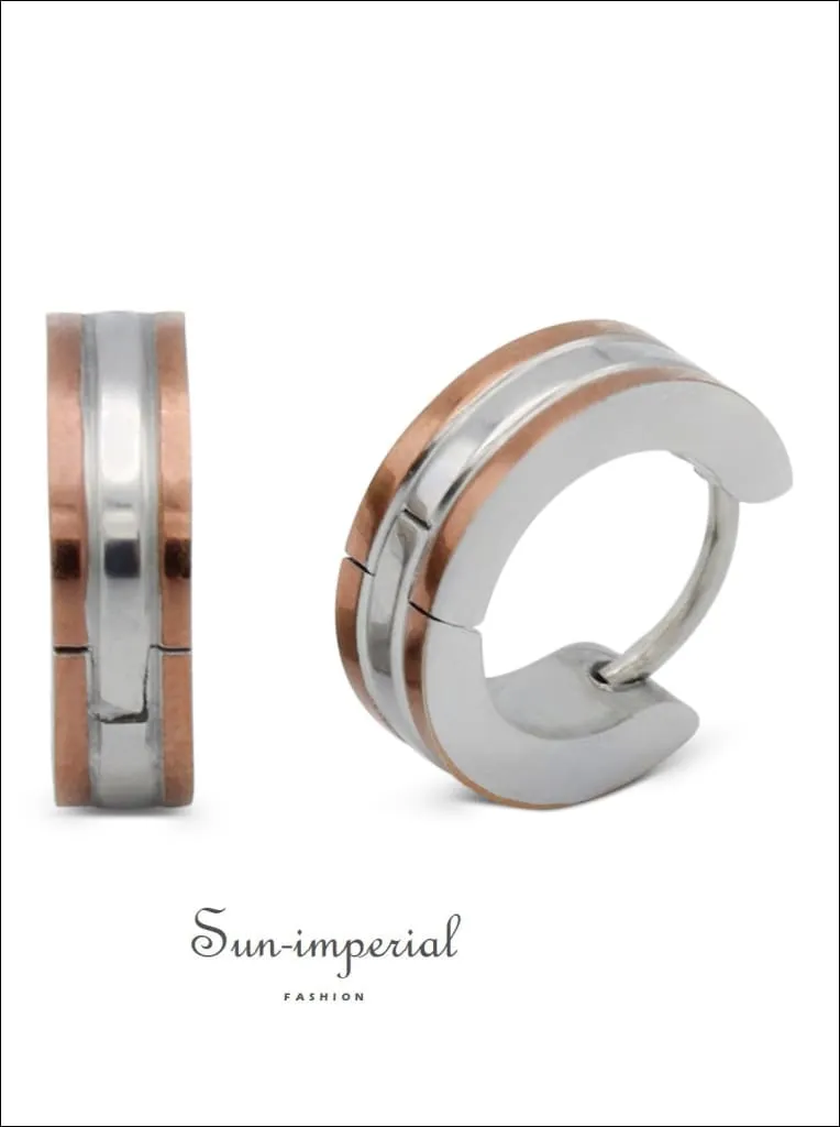 Huggie Hoop Earrings Stainless Steel With Rose Gold Stripes