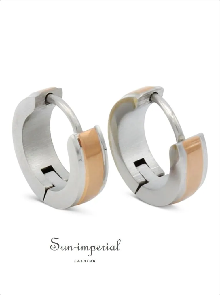 Huggie Hoop Earrings Stainless Steel With Rose Gold Stripes