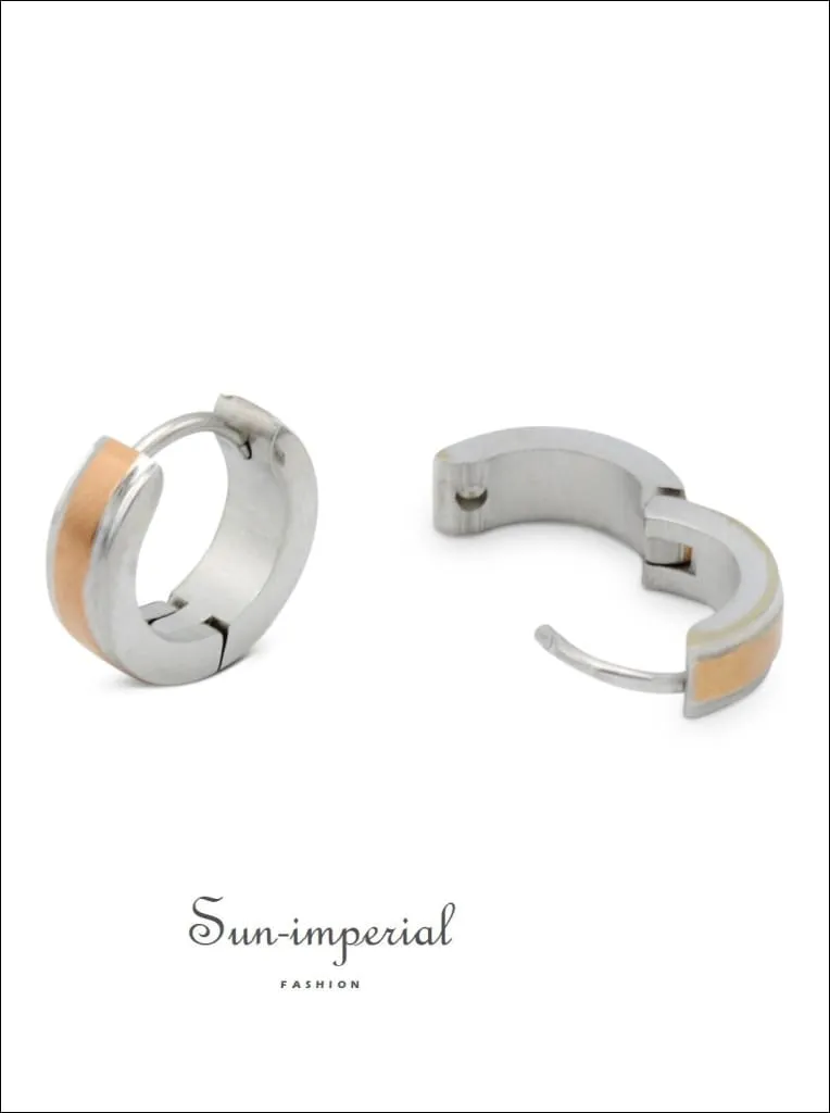 Huggie Hoop Earrings Stainless Steel With Rose Gold Stripes