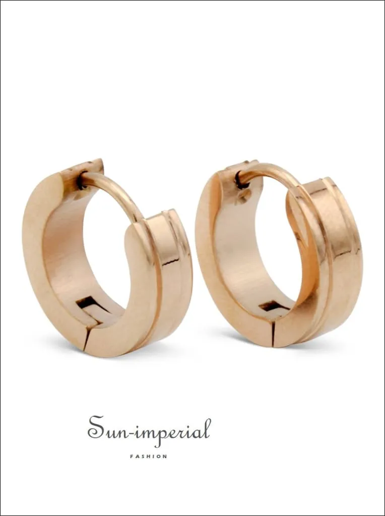 Huggie Hoop Earrings Stainless Steel With Rose Gold Stripes