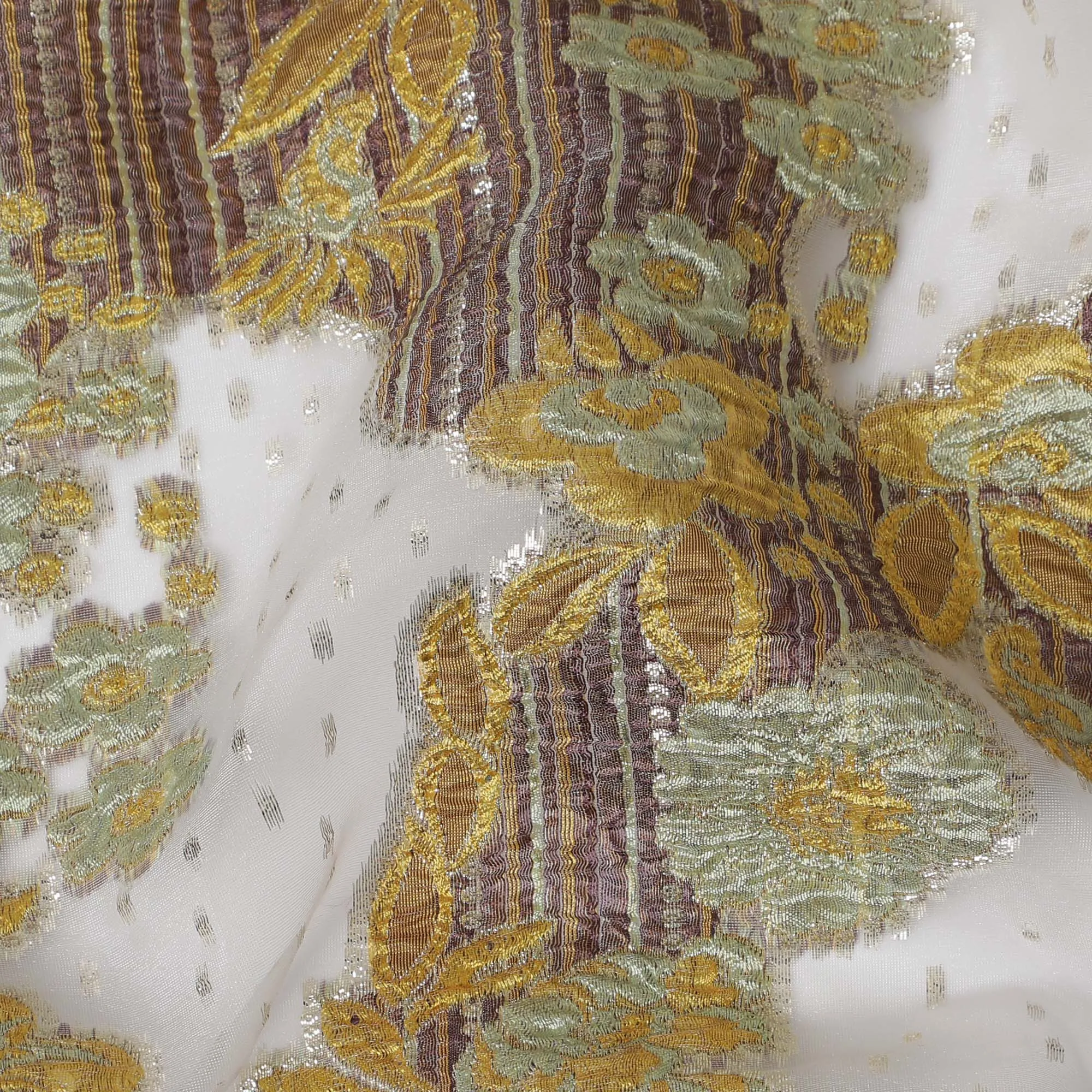 Ivory, Gold, and Olive Synthetic Brocade Fabric with Textured Floral Design - 140 cm Width-D19806