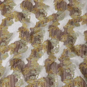 Ivory, Gold, and Olive Synthetic Brocade Fabric with Textured Floral Design - 140 cm Width-D19806