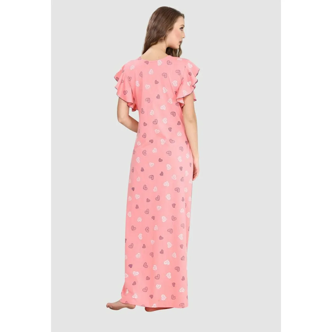 Long Ruffle Sleeve Heart Print Pure Cotton Nighty-Peach