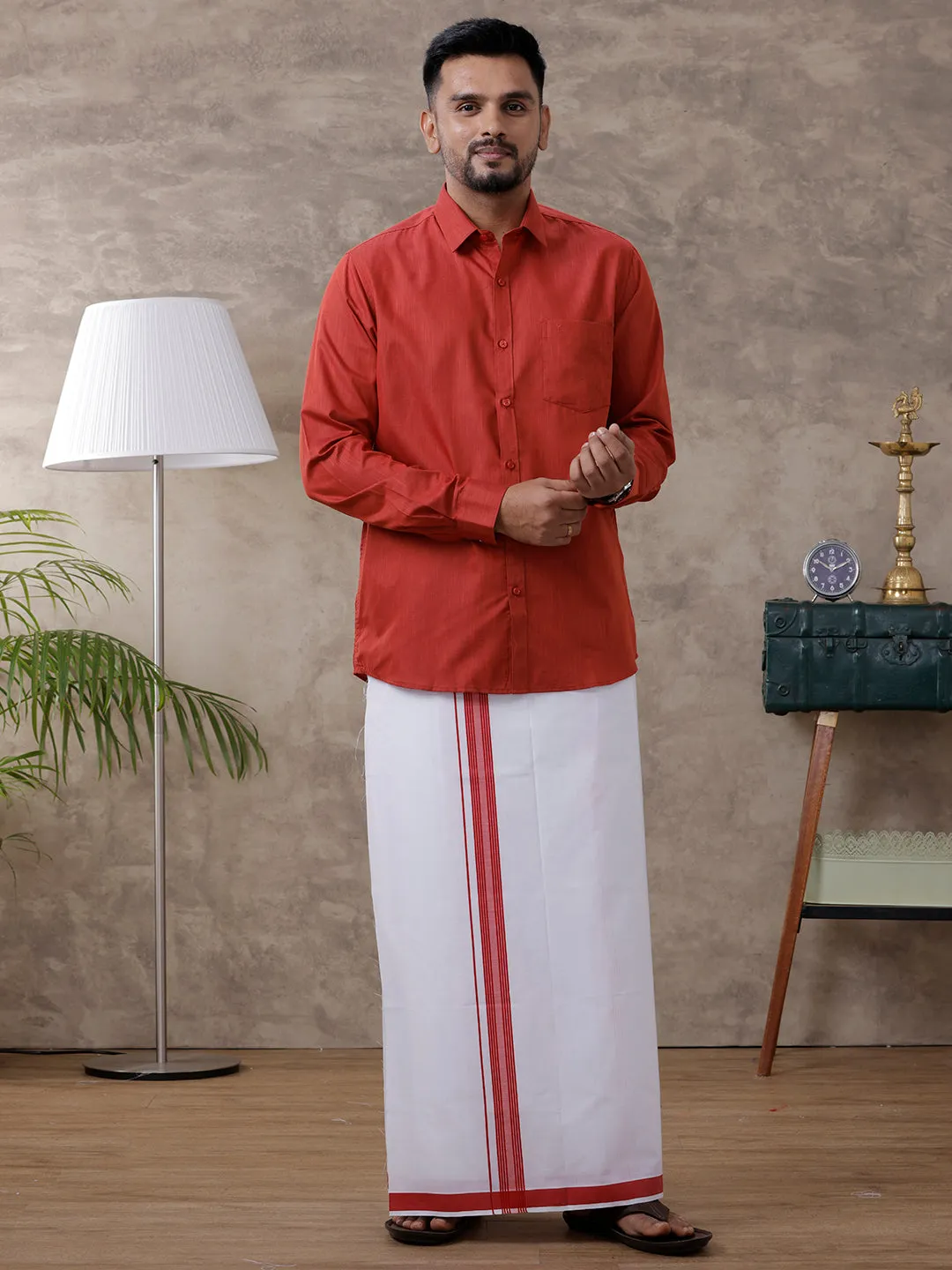 Men Red Matching Border Dhoti & Full Sleeves Shirt Set Evolution IC5