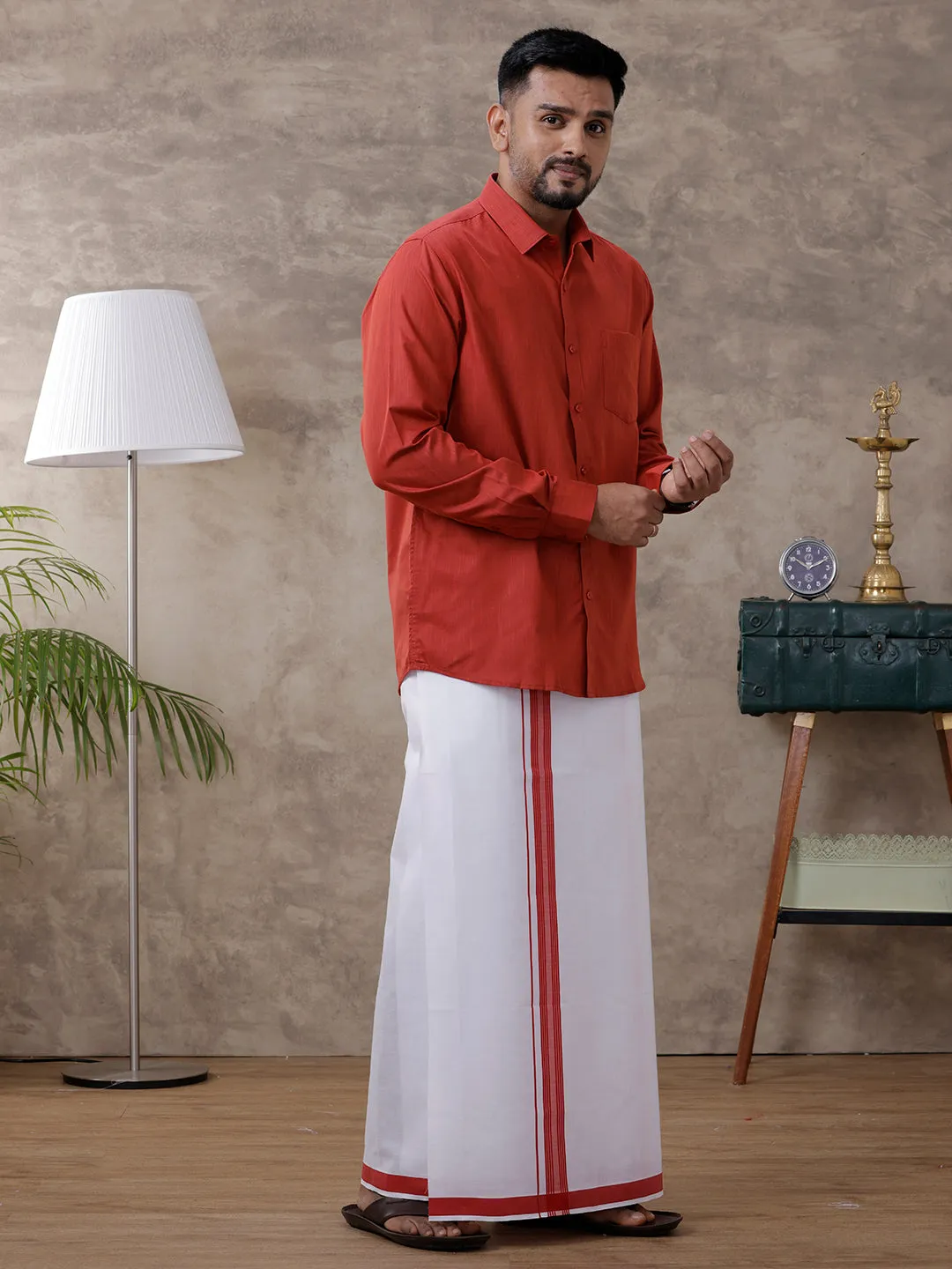 Men Red Matching Border Dhoti & Full Sleeves Shirt Set Evolution IC5