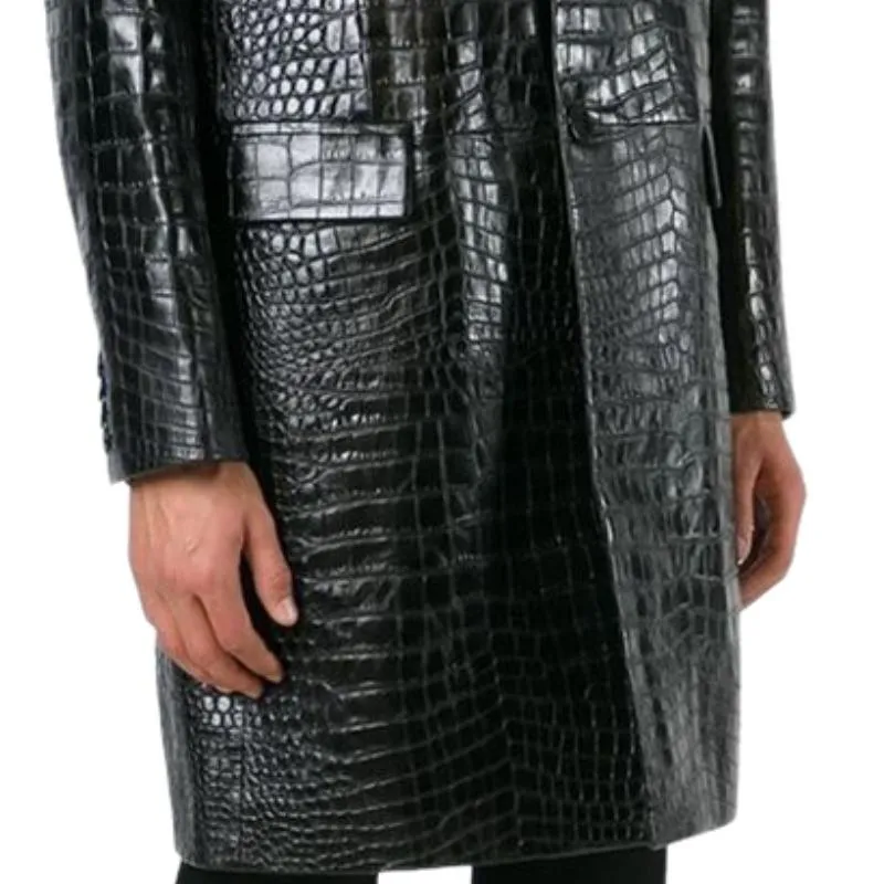 Men's Classic Mid-length Lapel Croc-effect Leather Coat 15085990F