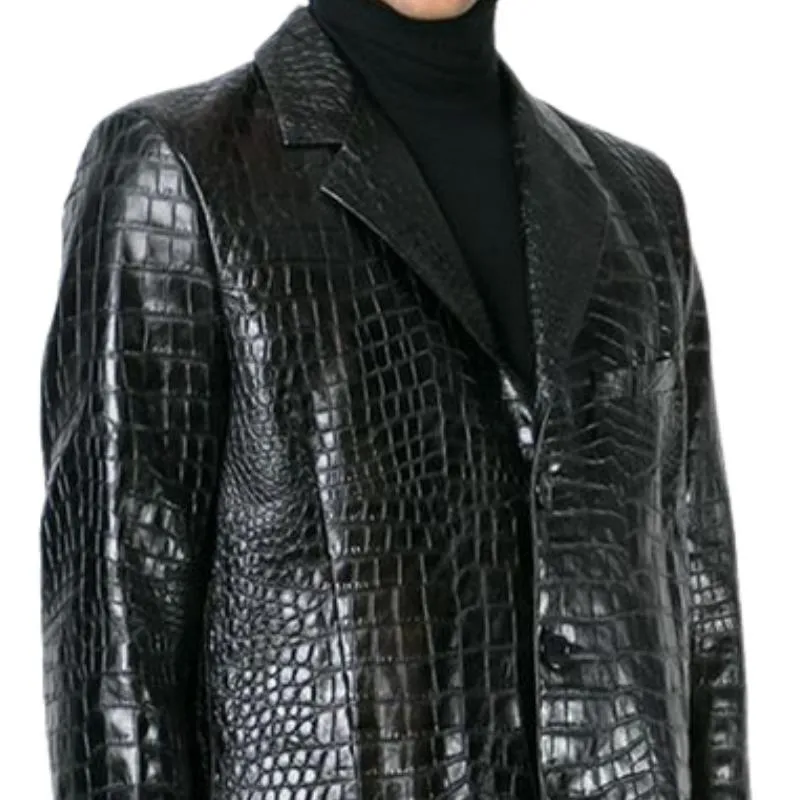 Men's Classic Mid-length Lapel Croc-effect Leather Coat 15085990F