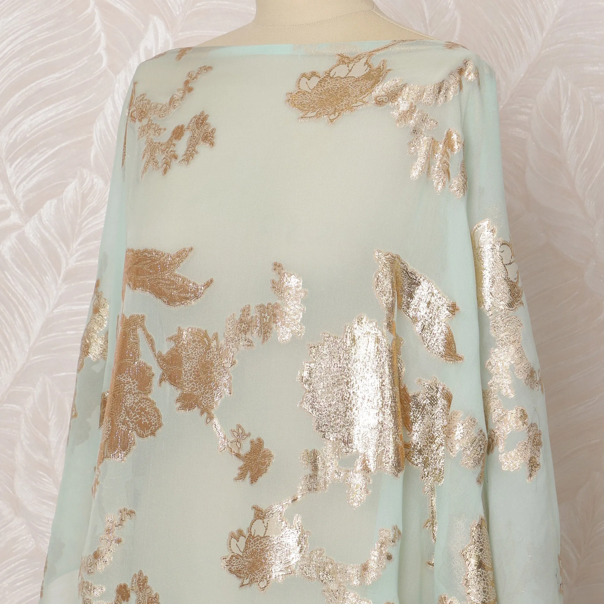 Mint Blue Somali Silk Chiffon Dirac Fabric with Gold Floral Metallic Lurex Design, 3.5 Meters, 140 cm Width - Made in South Korea-D20839