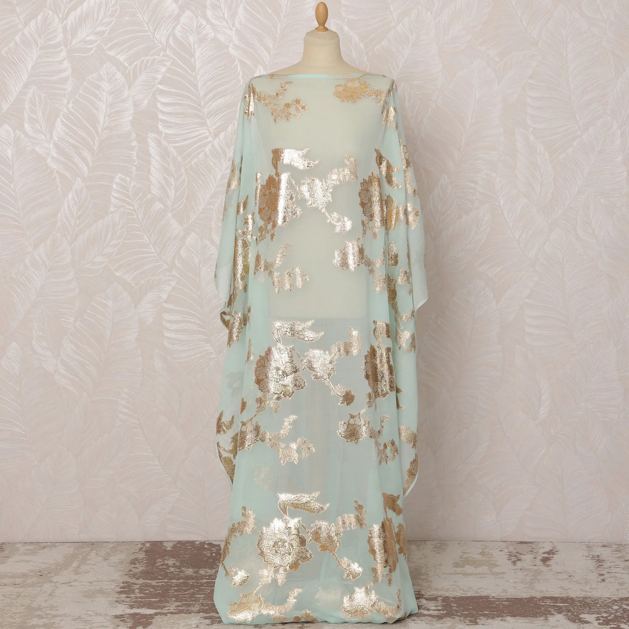 Mint Blue Somali Silk Chiffon Dirac Fabric with Gold Floral Metallic Lurex Design, 3.5 Meters, 140 cm Width - Made in South Korea-D20839