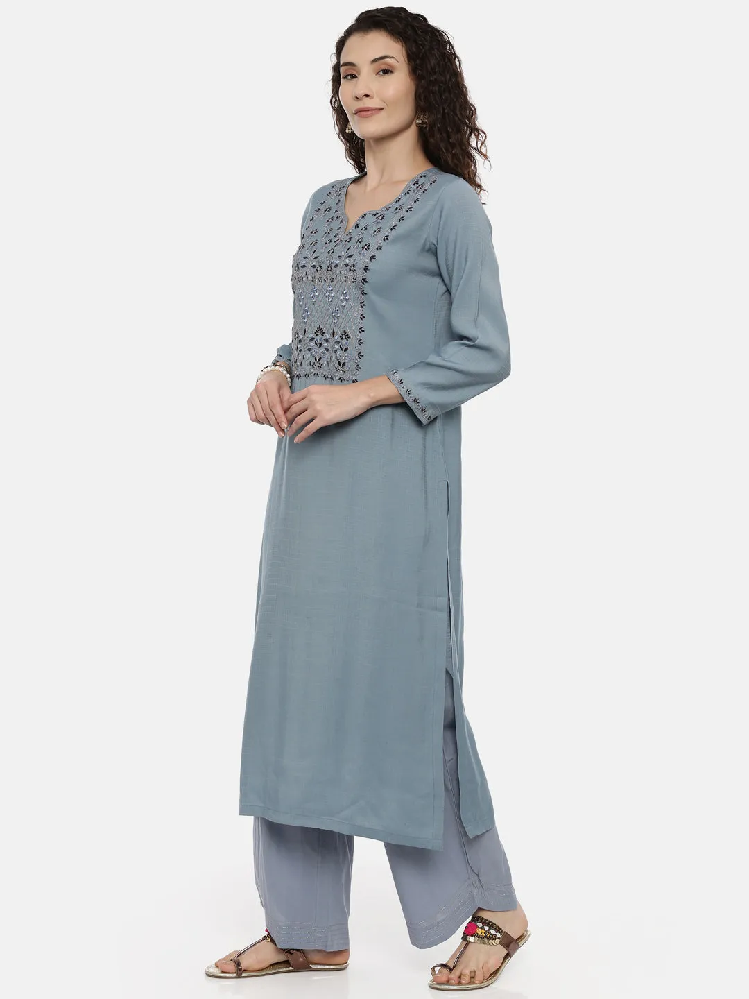 Neeru's Ice Blue Color Slub Rayon Fabric Suit-Plazzo