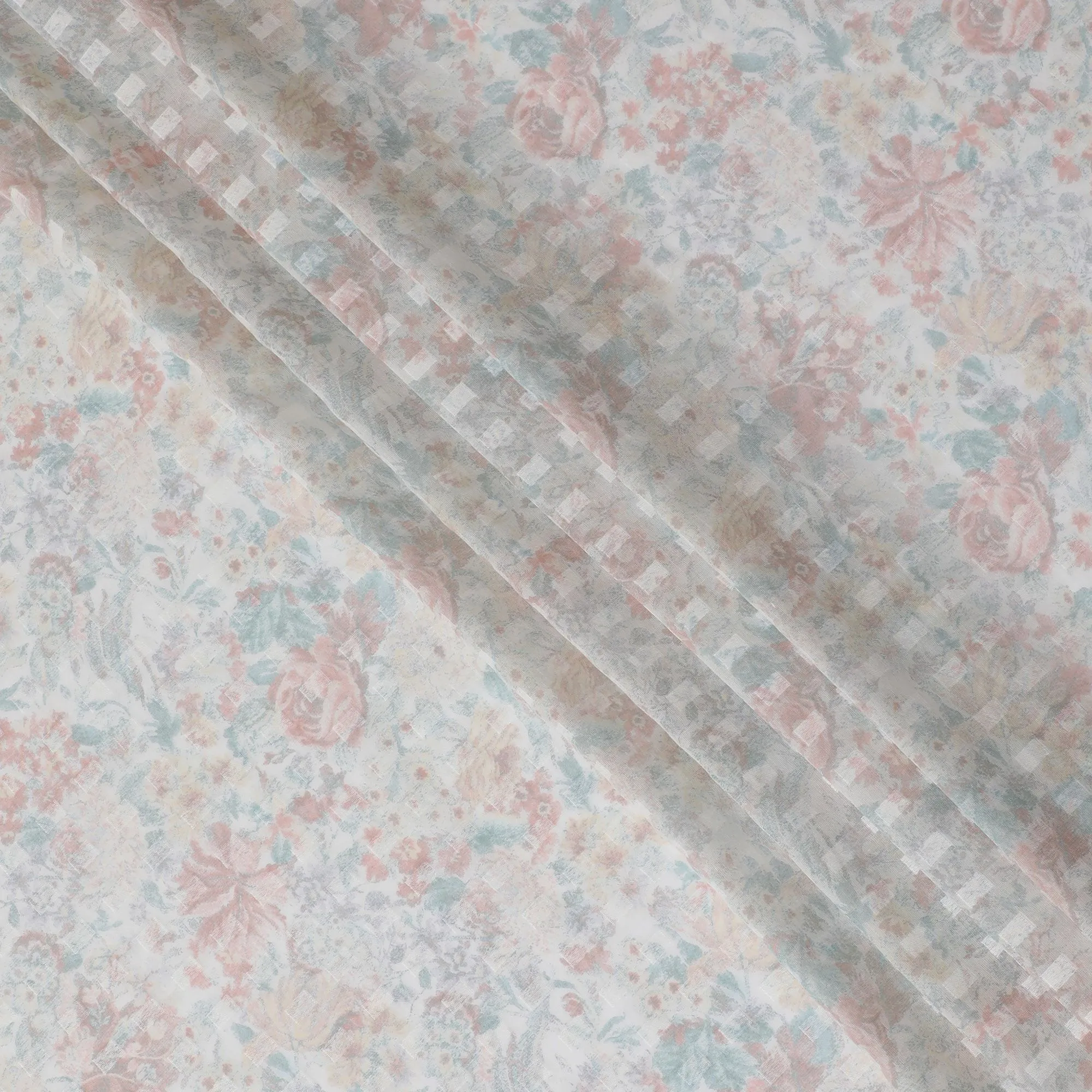 Off white uragiri cotton voile fabric with same tone jacquard having latte multicolor print in abstract design-D17035