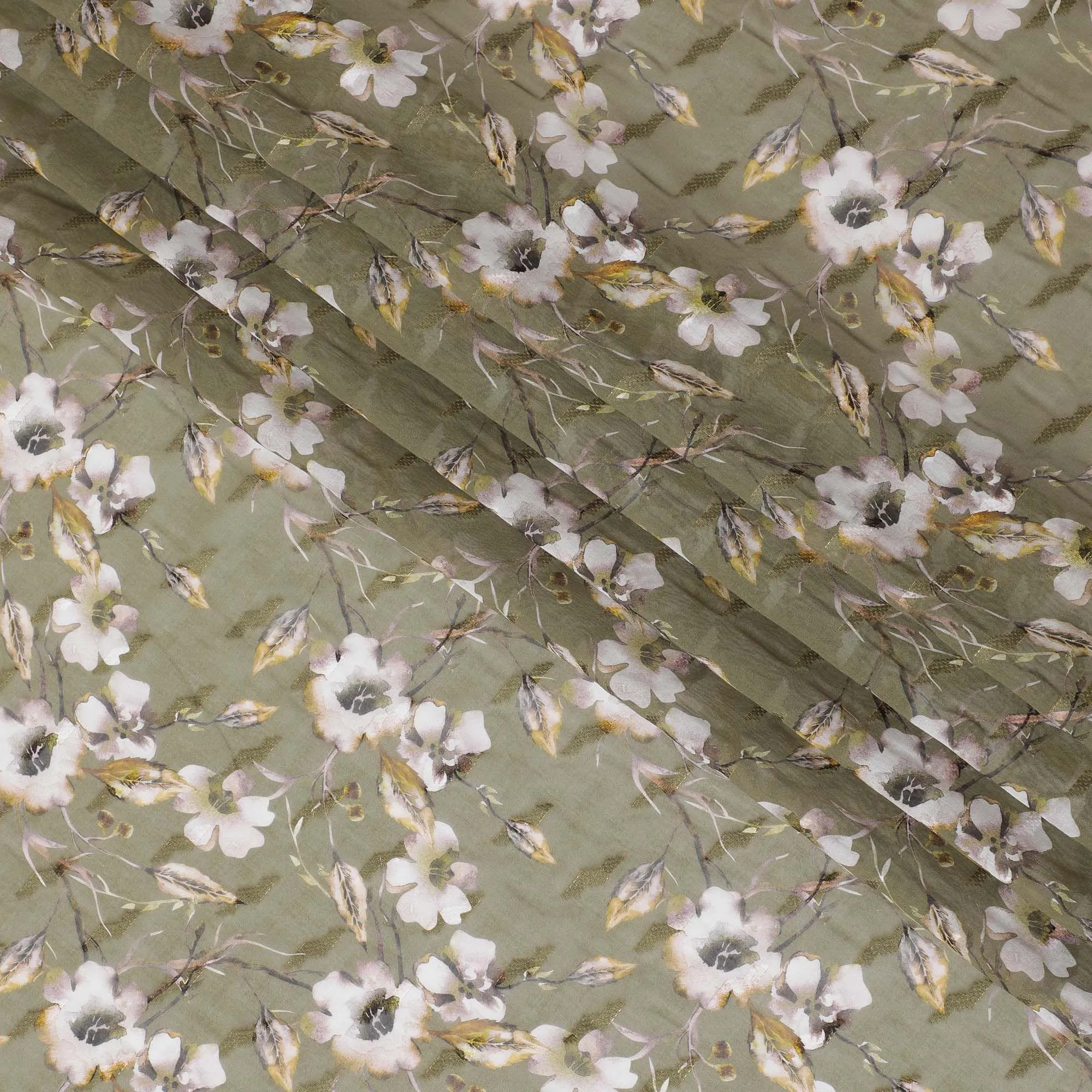 Olive green cotton voile fabric with brown, off white and mustard yellow print in floral design-D10745