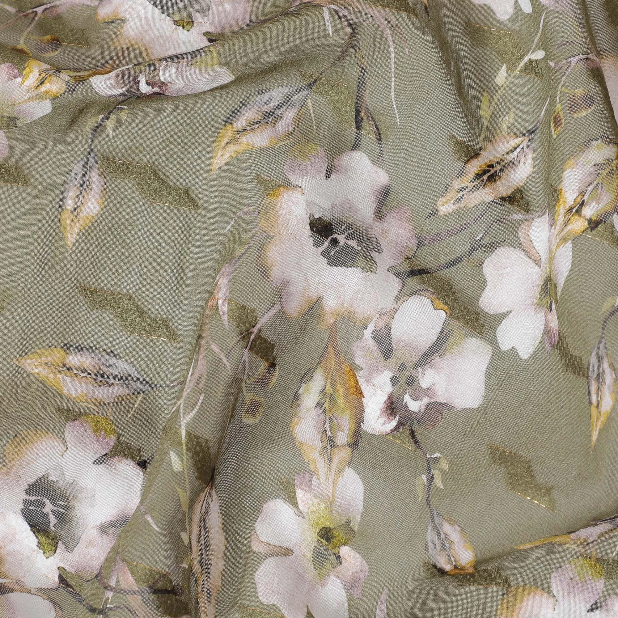 Olive green cotton voile fabric with brown, off white and mustard yellow print in floral design-D10745