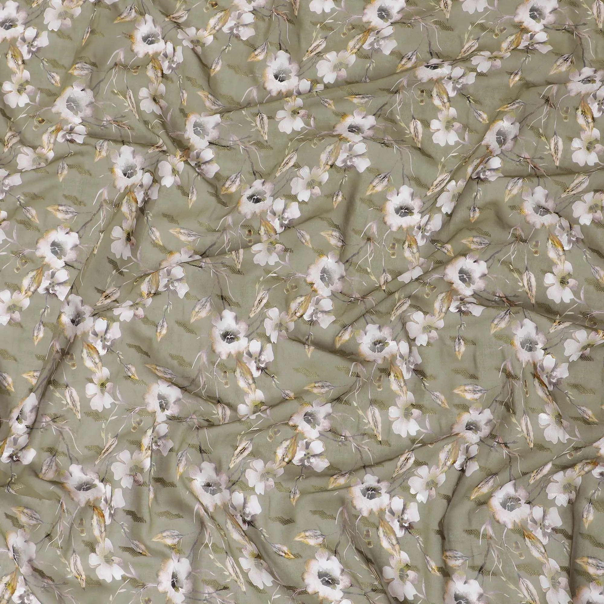 Olive green cotton voile fabric with brown, off white and mustard yellow print in floral design-D10745