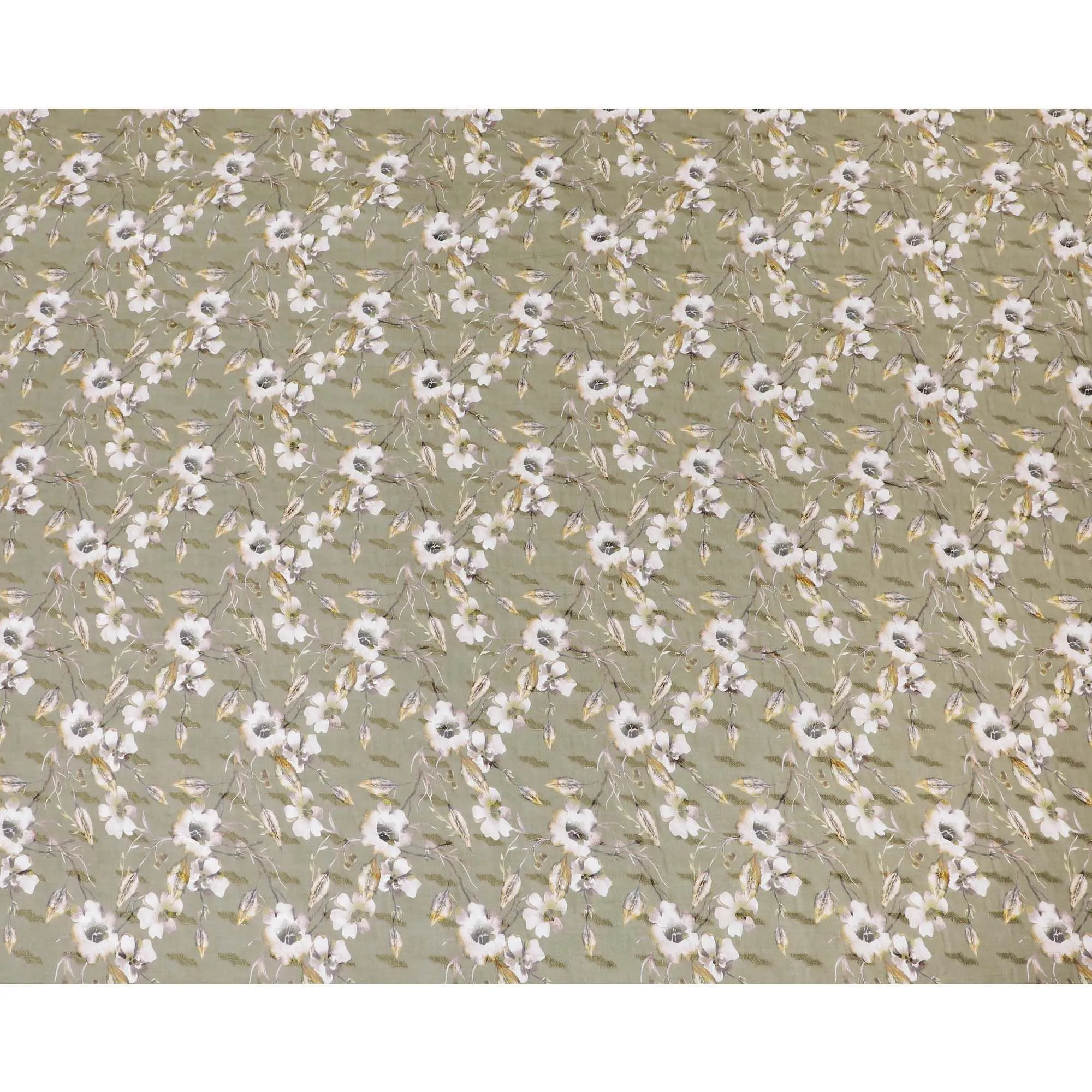 Olive green cotton voile fabric with brown, off white and mustard yellow print in floral design-D10745