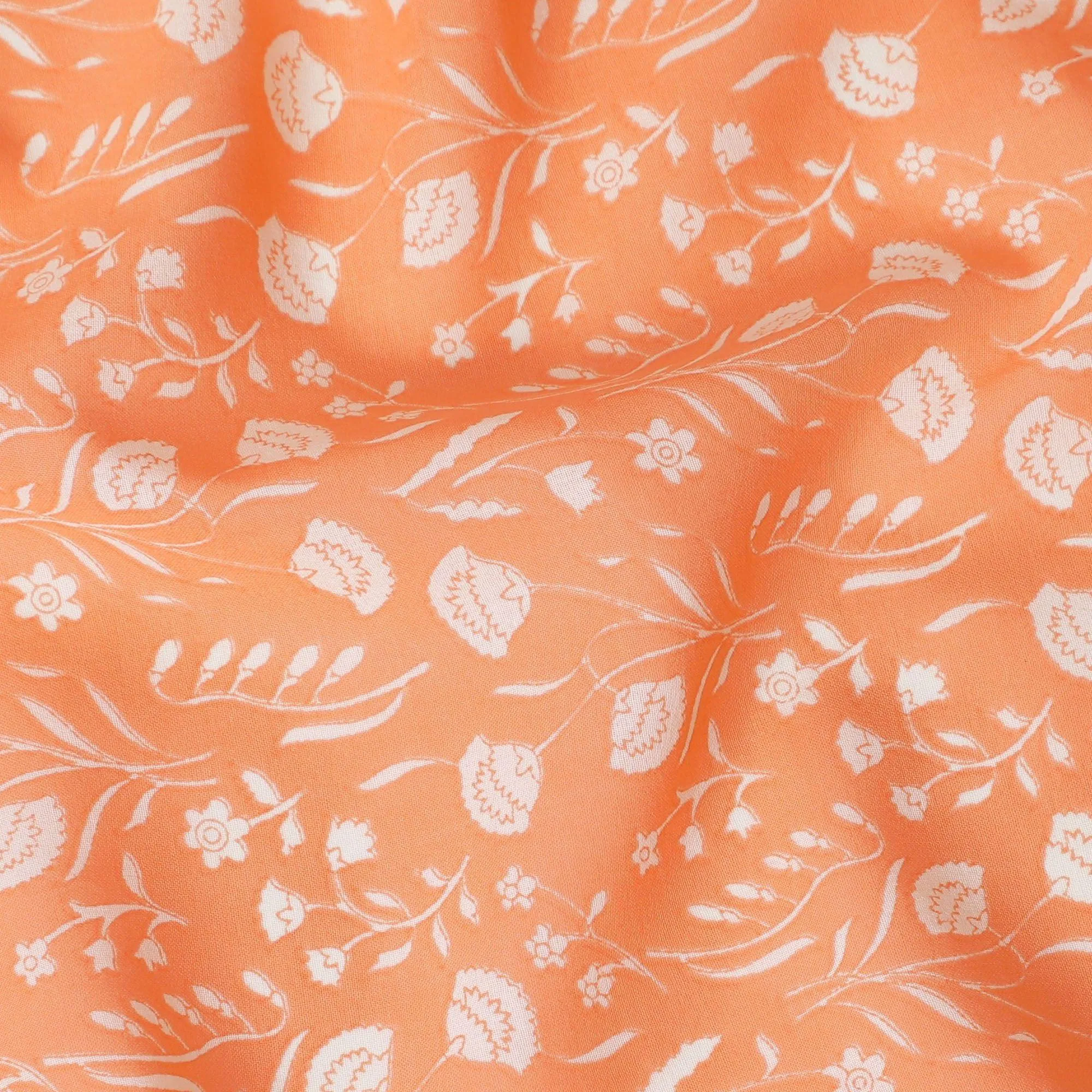 Orange cotton voile fabric with beige print in floral design-D15153