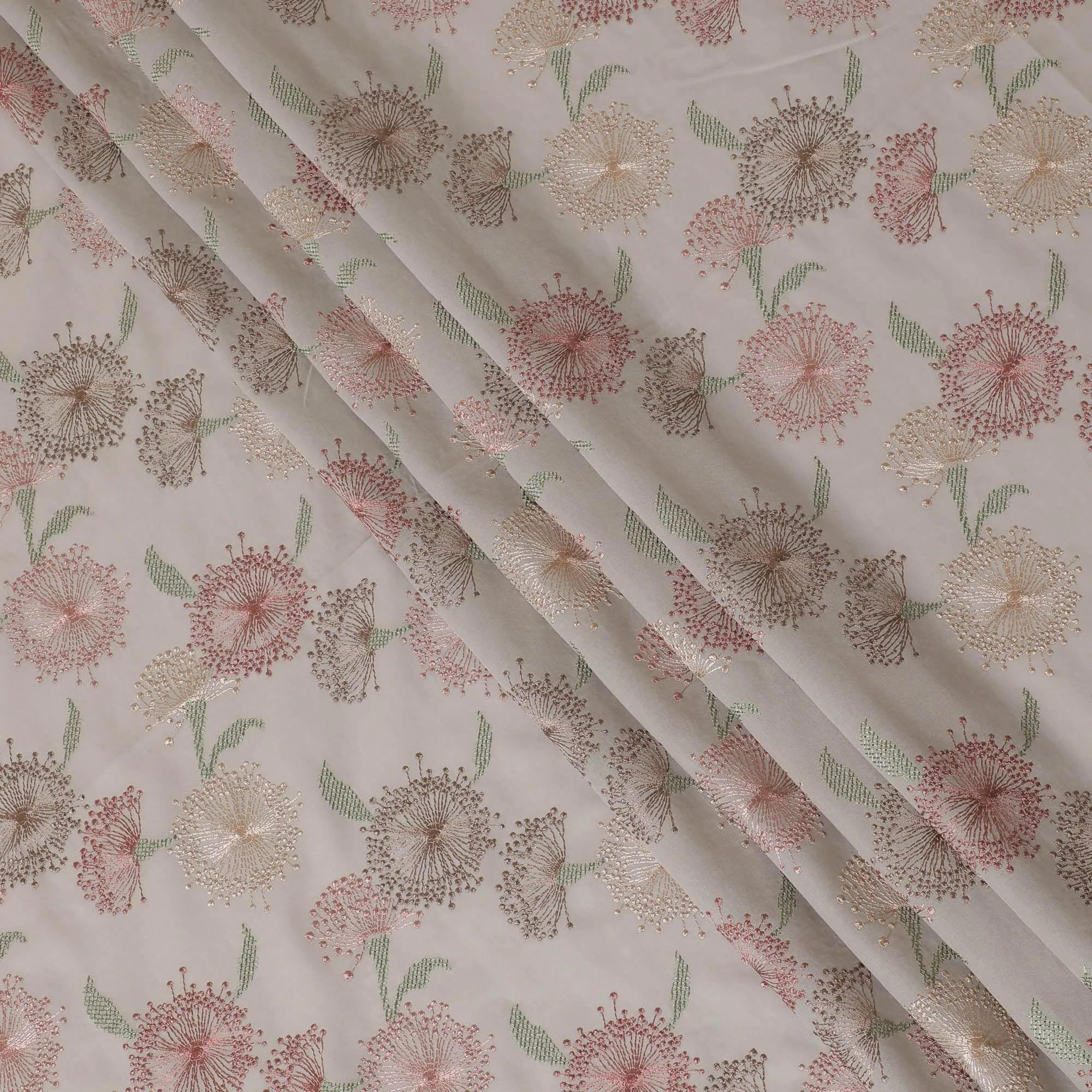 Pearl grey cotton voile fabric with sage green, peach and beige embroidery in floral design-D14471