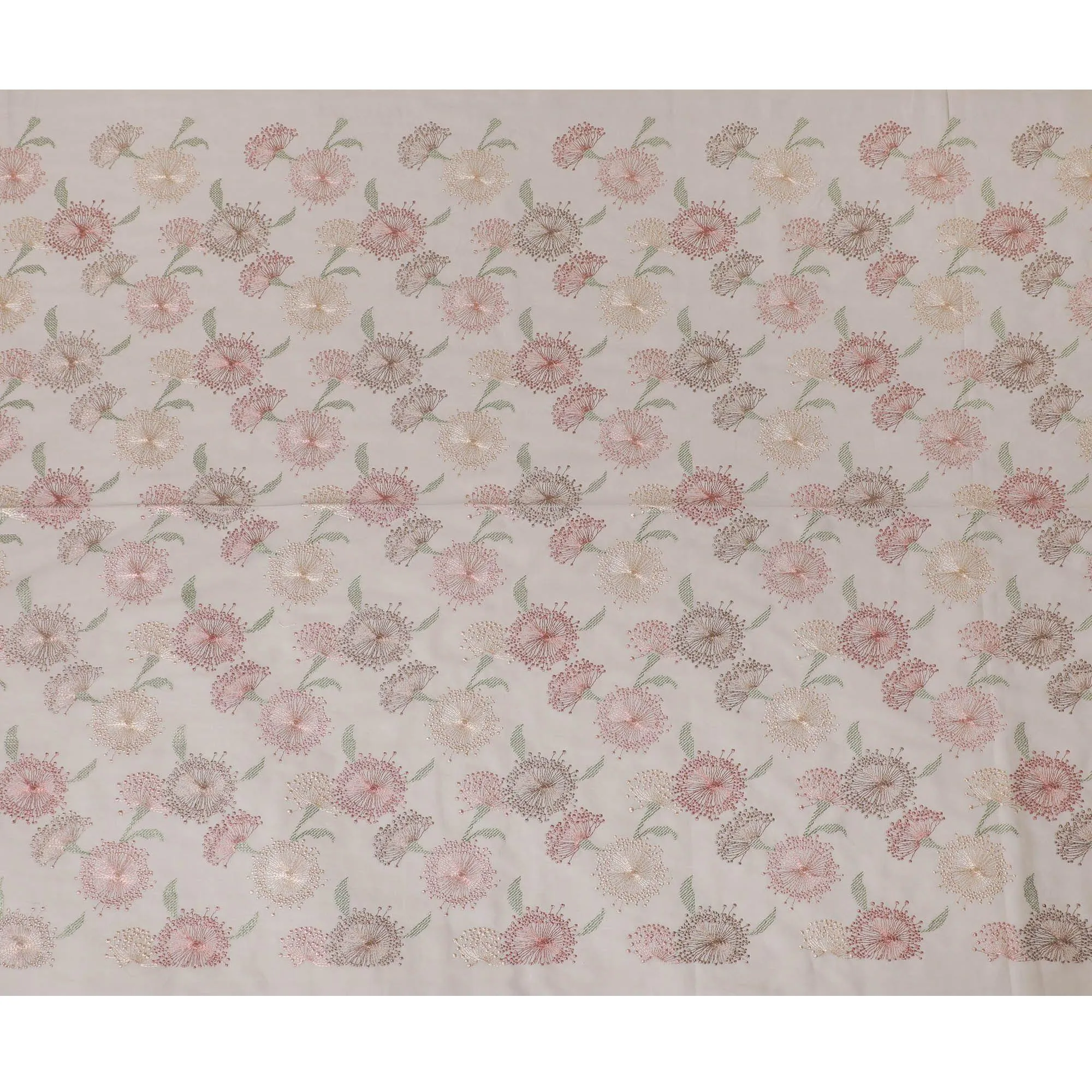 Pearl grey cotton voile fabric with sage green, peach and beige embroidery in floral design-D14471