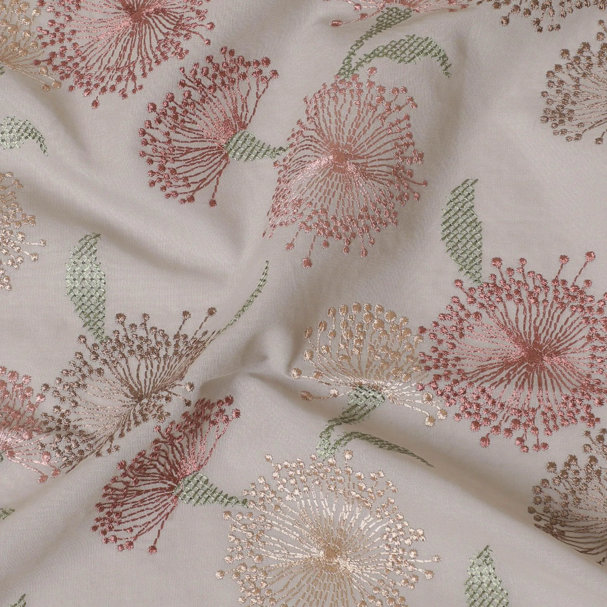 Pearl grey cotton voile fabric with sage green, peach and beige embroidery in floral design-D14471