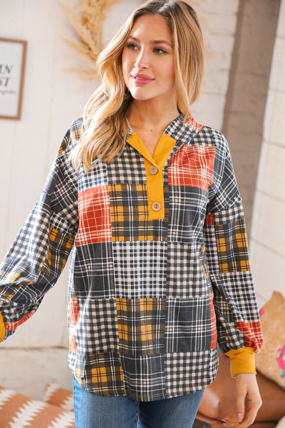 Plaid Patchwork Button Down Losse Fit Hoodie