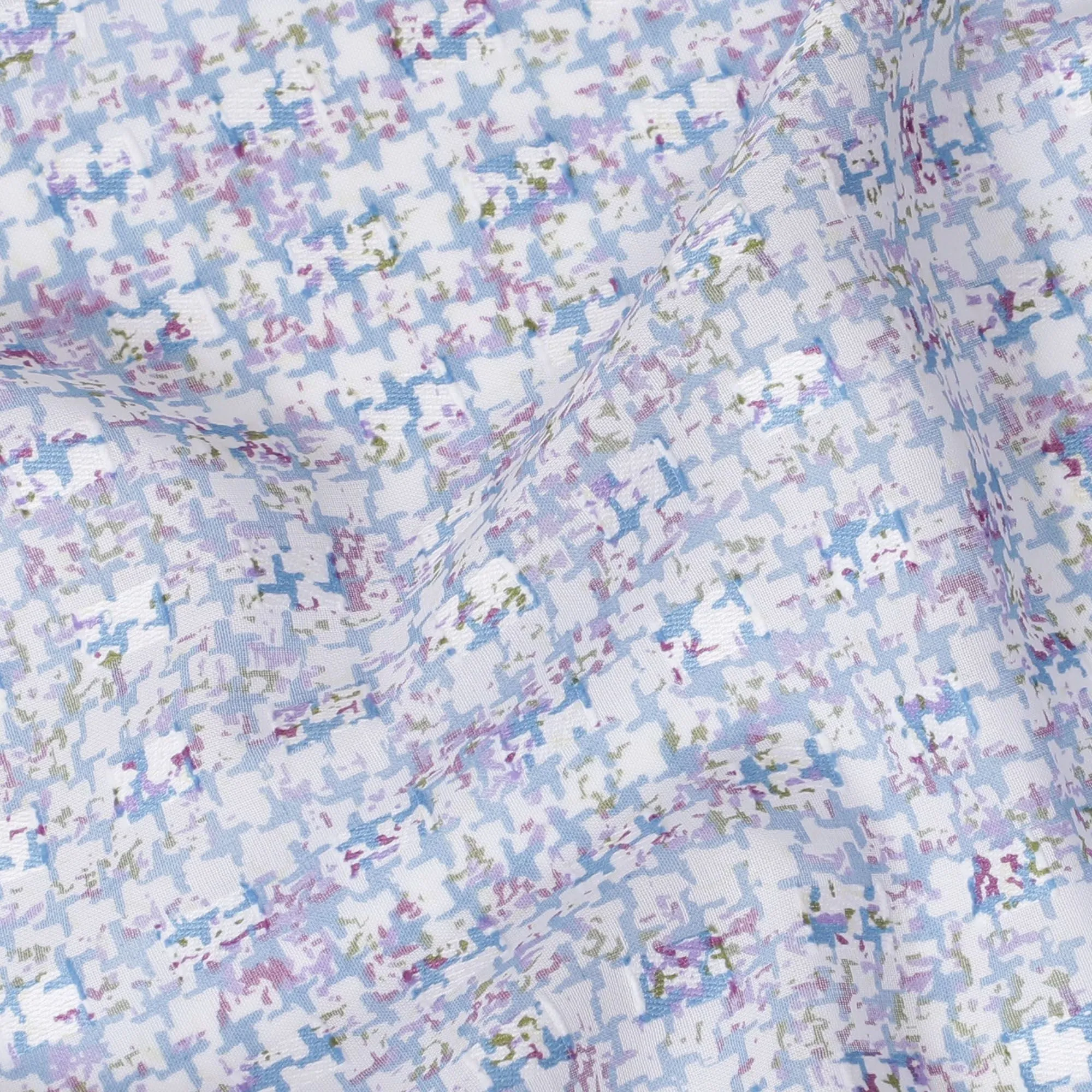 Powder blue uragiri cotton voile fabric with same tone jacquard having baby blue and olive green print in clip cord design-D17031