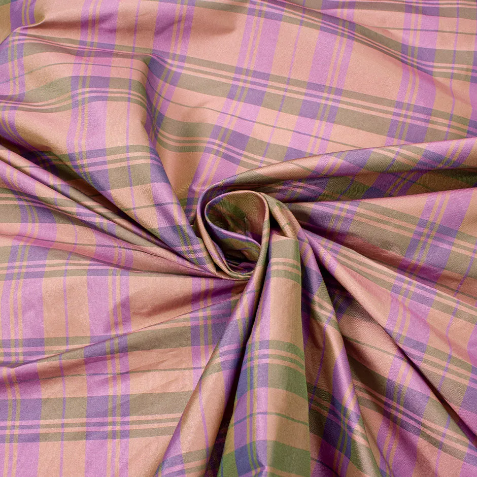 Purple & Peach Tartan Checkered Silk Taffeta