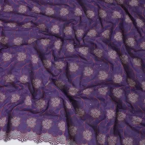 Purple Premium pure 100% Swiss cotton voile (Sudanese Thobe) fabric with brick red and silver embroidery having stone work in floral design-D13562