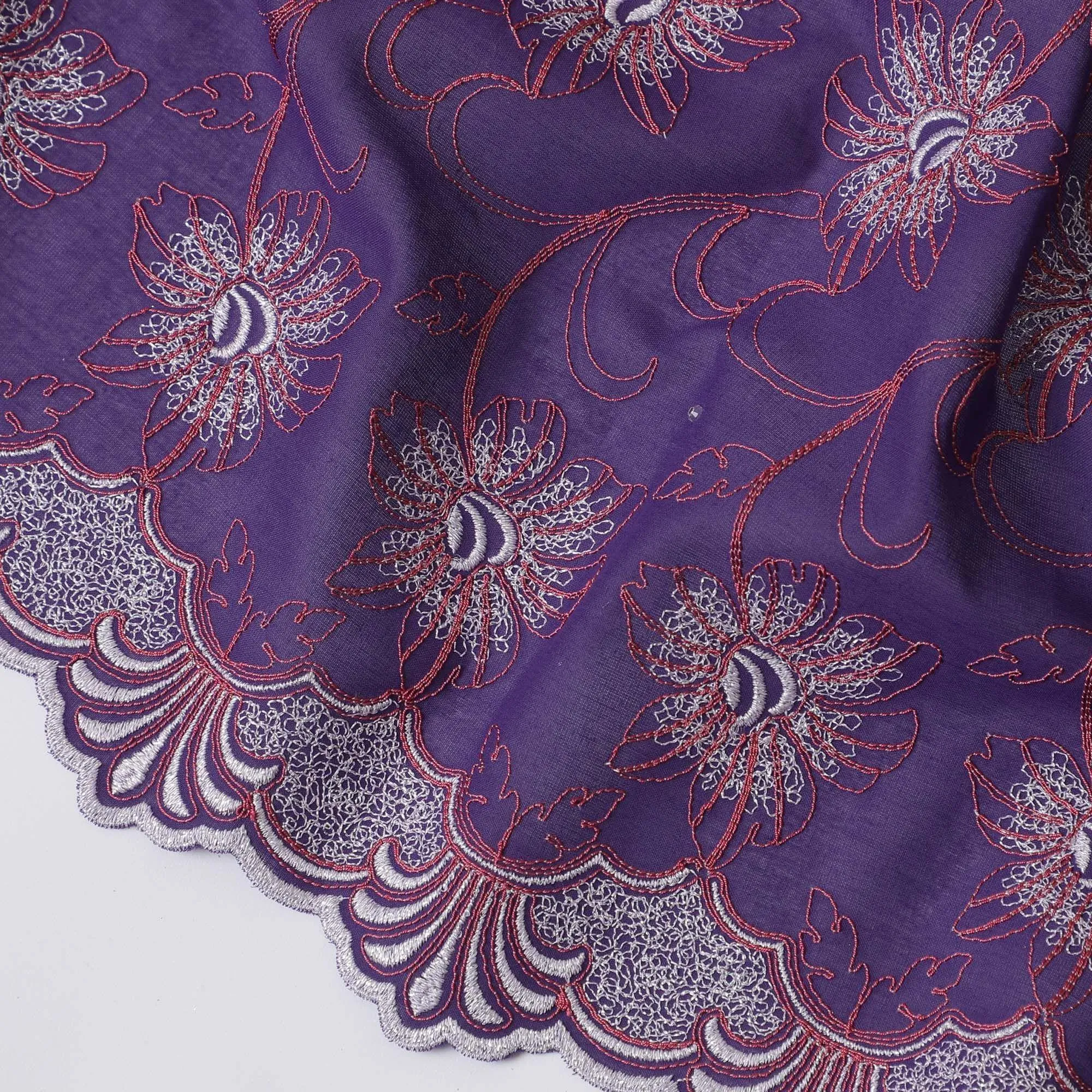 Purple Premium pure 100% Swiss cotton voile (Sudanese Thobe) fabric with brick red and silver embroidery having stone work in floral design-D13562