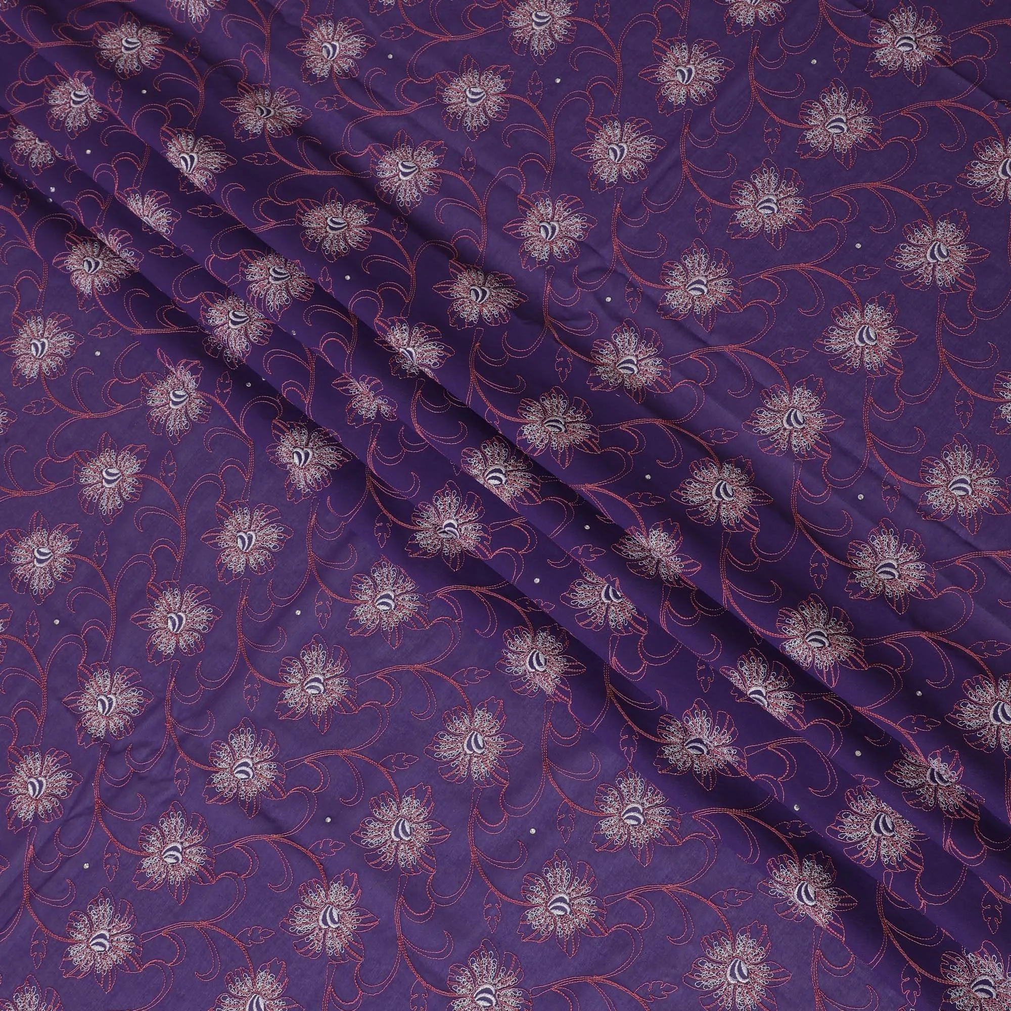 Purple Premium pure 100% Swiss cotton voile (Sudanese Thobe) fabric with brick red and silver embroidery having stone work in floral design-D13562