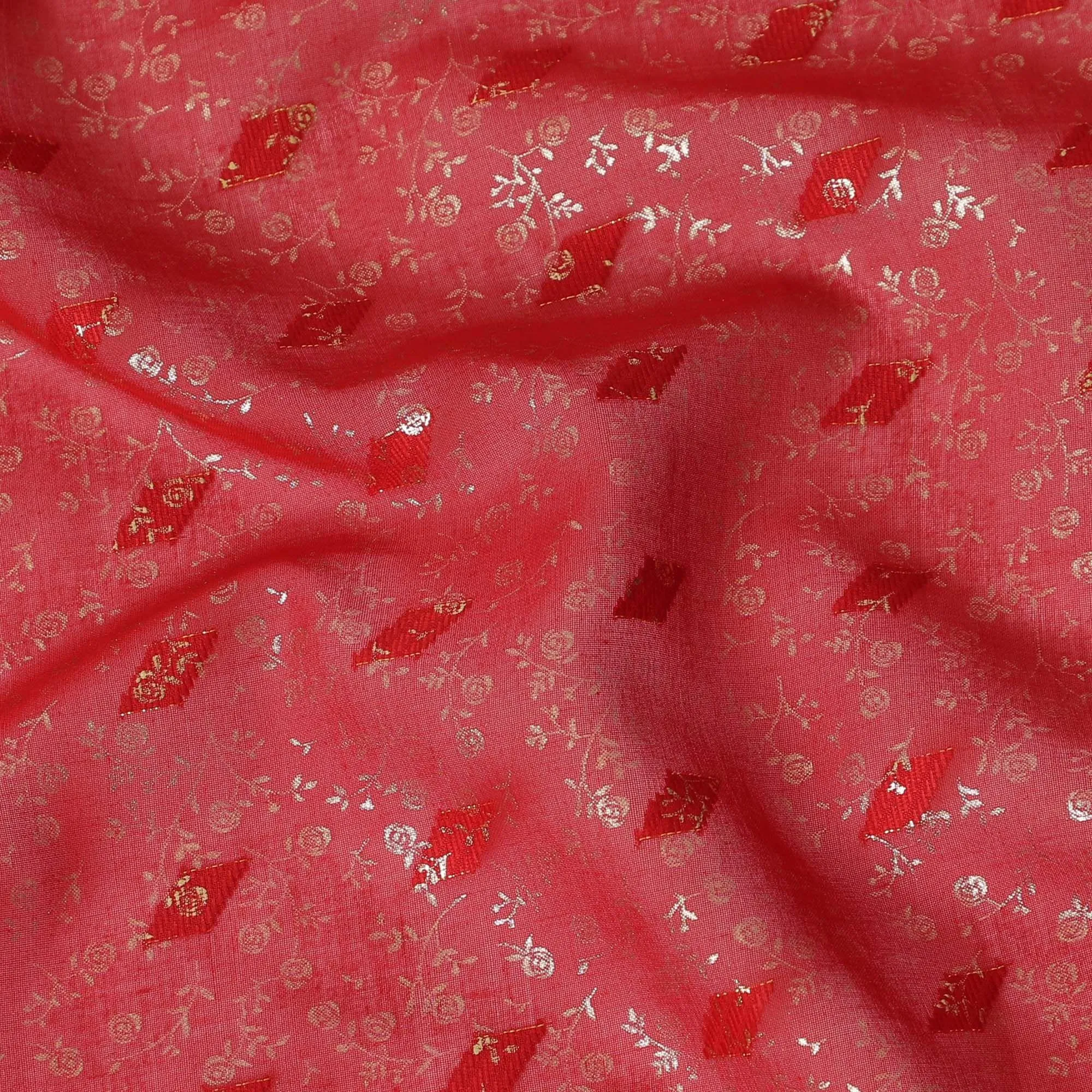 Raspberry red cotton voile fabric with gold foil and jacquard in floral design-D15748