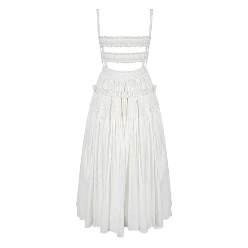 Retro Ruffle Trim Smocked Suspender Strap Fit and Flare Midi Summer Sundress