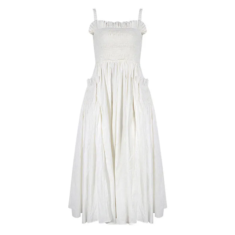 Retro Ruffle Trim Smocked Suspender Strap Fit and Flare Midi Summer Sundress