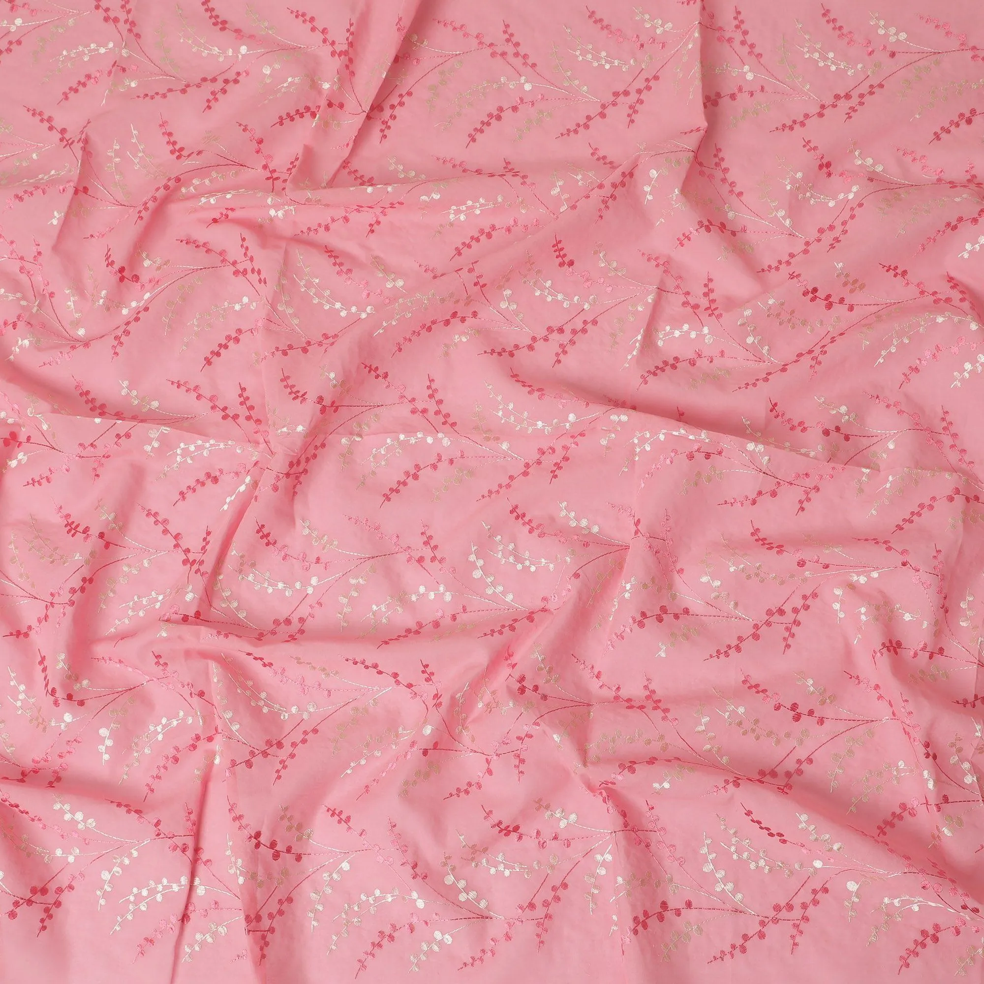 Rose pink premium pure cotton voile fabric with same tone and beige embroidery in leaf design-D13703