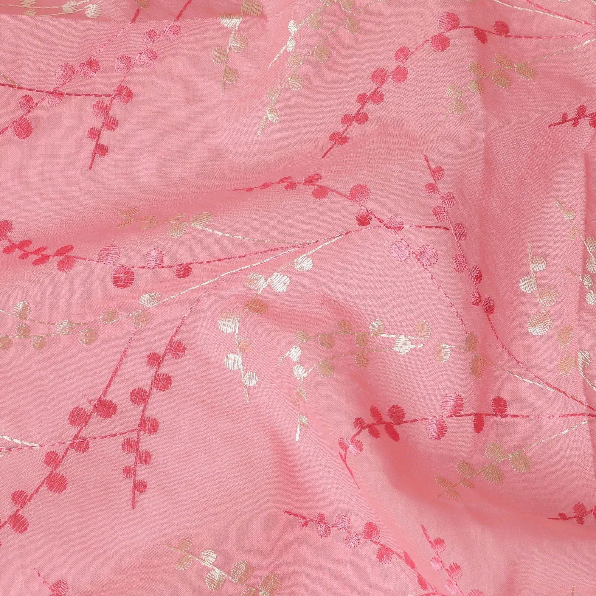 Rose pink premium pure cotton voile fabric with same tone and beige embroidery in leaf design-D13703