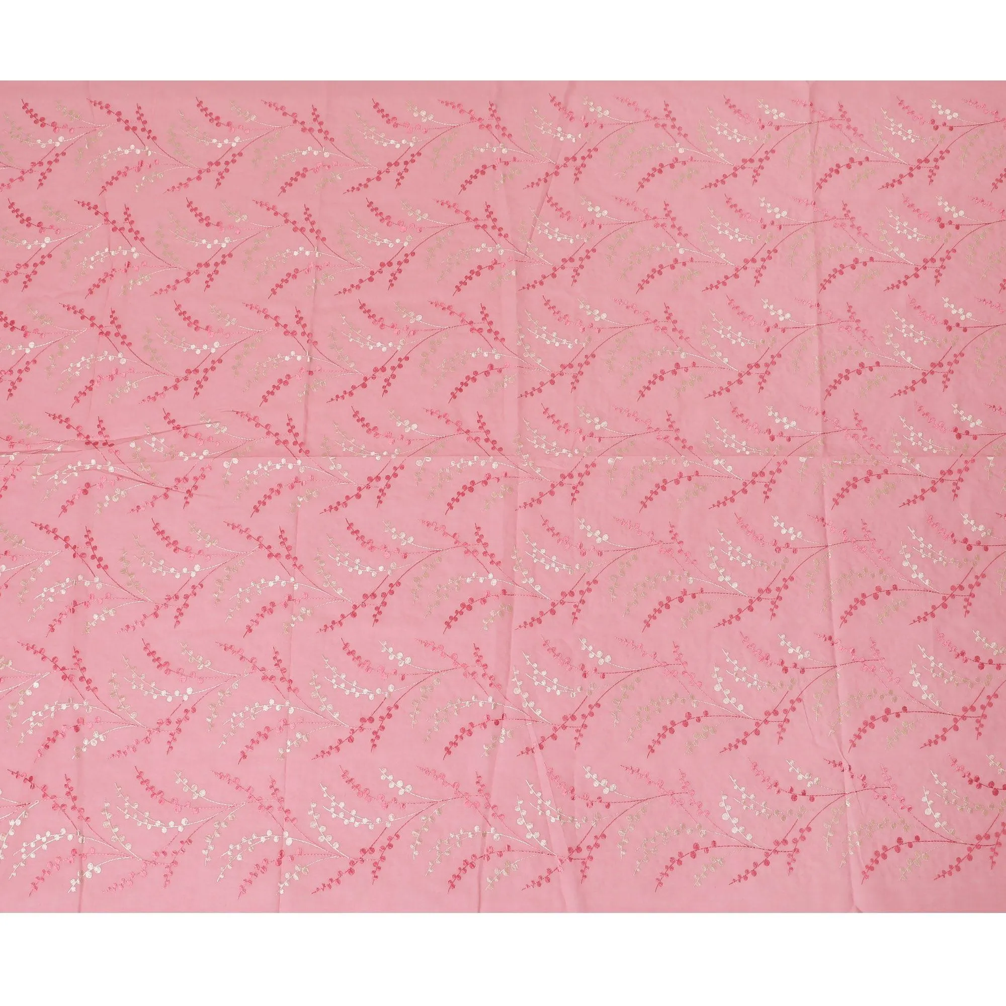 Rose pink premium pure cotton voile fabric with same tone and beige embroidery in leaf design-D13703