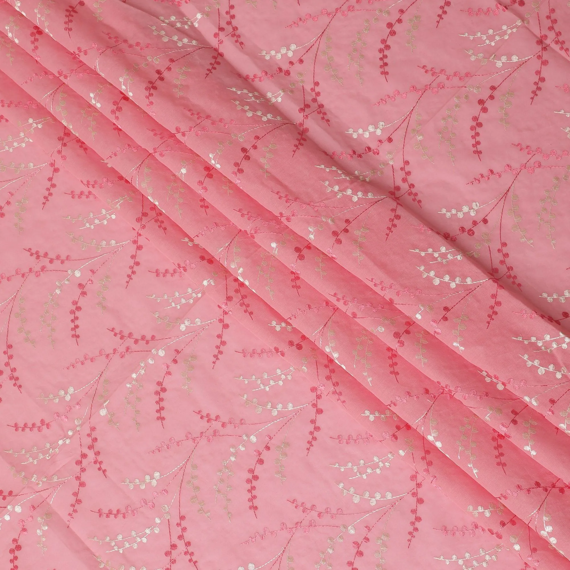 Rose pink premium pure cotton voile fabric with same tone and beige embroidery in leaf design-D13703