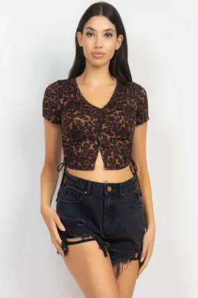 Ruched Drawstring Animal-printed Crop Top