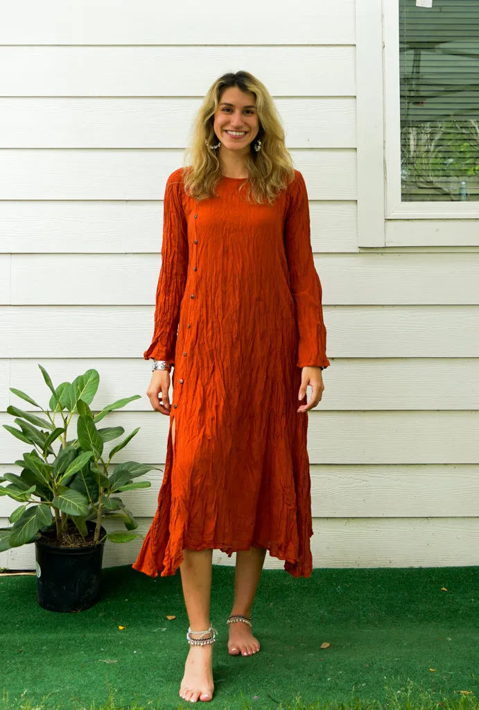 Rust Raw Natural Crinkled Cotton Dress